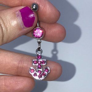 Hot Pink Rhinestone Anchor Design Dangle Belly Ring